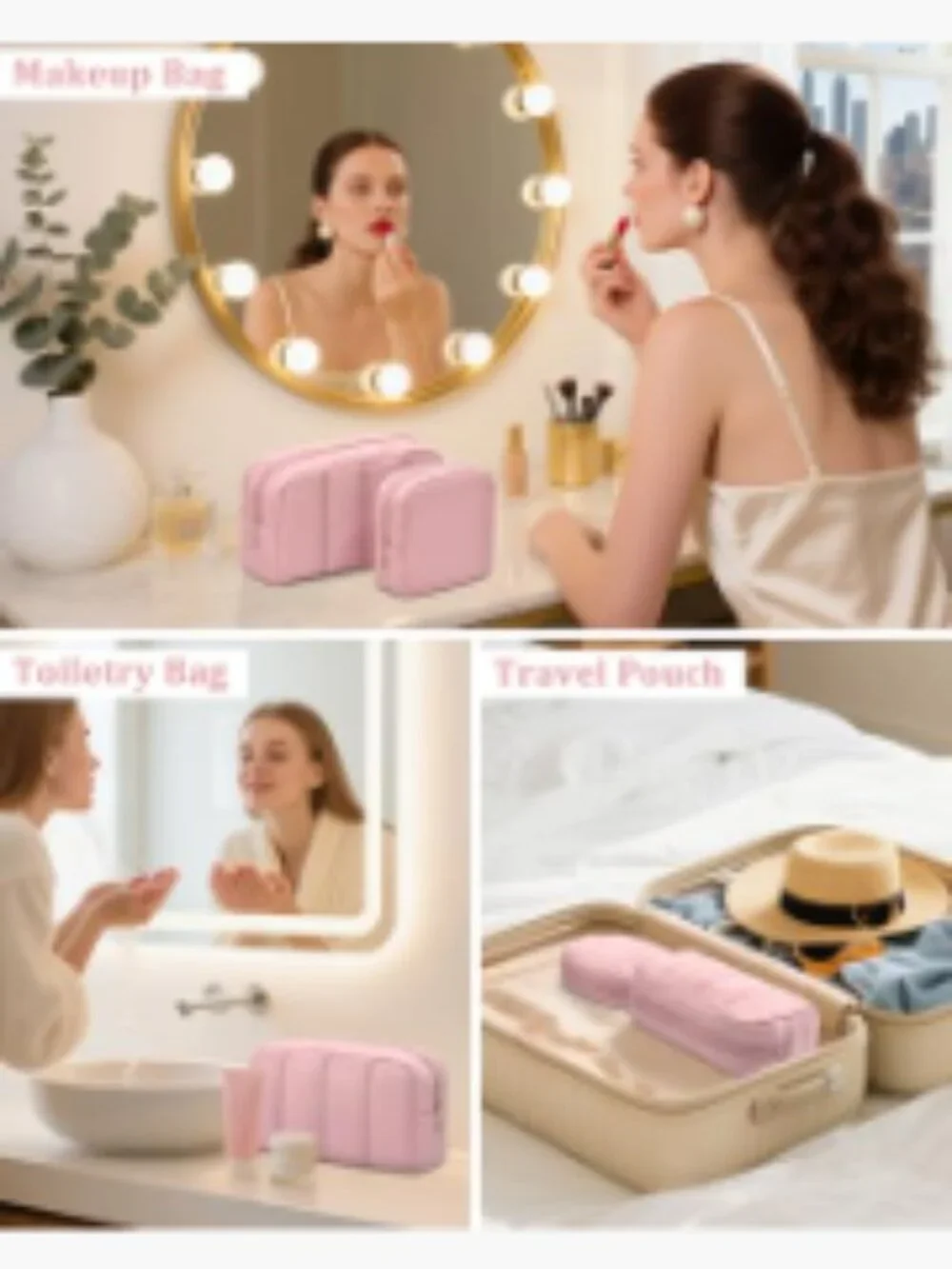 2 Pcs Padded Nylon Travel Cosmetic Bag Set Wide-Open Makeup Organizer Toiletry